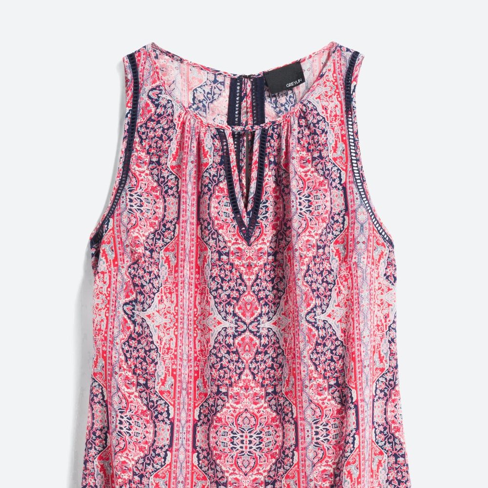 Greylin Blue, Red & White Silk Blouse - M